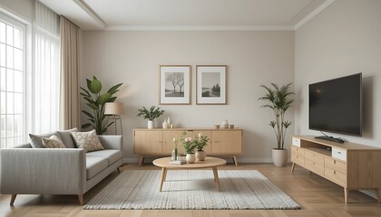 Modern minimalist living room interior design with light beige walls, wooden furniture, and a cozy atmosphere