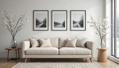 Modern minimalist living room interior design with beige sofa, three black framed landscape photos, and white blossom branches in glass vases