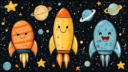 Colorful cartoon rockets exploring a whimsical space scene filled with planets and stars