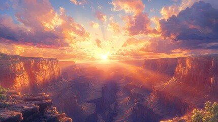 A breathtaking anime portrayal of the Grand Canyon, sunrise casting soft golden rays across rugged cliffs, warm and cool tones blending harmoniously in the sky, intricate textures adding depth.