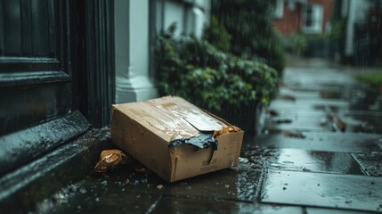 A damaged parcel with torn cardboard and crushed corners, sitting on a doorstep in the rain.