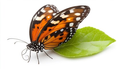 Obraz premium Close-up of a butterfly resting on a leaf with vivid orange wings. Generative AI