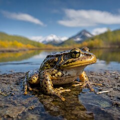 Fototapeta premium The Four Seasons: A Mountain Yellow-Legged Frog's Journey Through Nature
