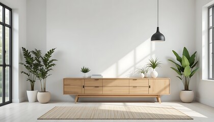 Fototapeta premium Modern minimalist living room interior design with light wood sideboard, plants, and a rug