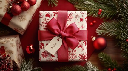 A festive holiday-themed package wrapped in red and white, with a bow and a gift tag, ready for Christmas delivery.