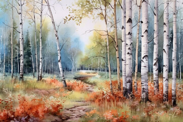 Obraz premium autumn birch grove with yellow grass., watercolor painting , Generative AI