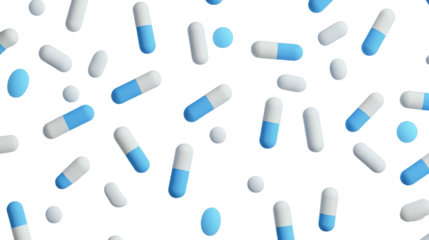 Blue and white pills falling on transparent background