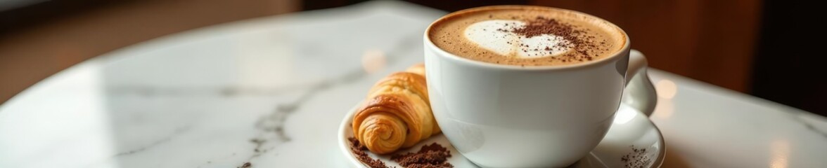 Rich hot cocoa surrounds a delicate chocolate croissant on a marble table, creamy, croissant, inviting