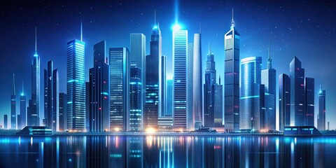A futuristic cityscape with a gradient silver background, featuring sleek skyscrapers and neon lights, set against a dark blue night sky, futuristic cityscape, urban scenery