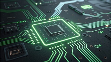 Close-up of a circuit board with glowing components