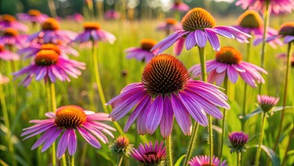 Fototapeta premium Vibrant purple coneflower blooms on a sunny spring day in a lush meadow with tall grasses and wildflowers of various colors, wild flowers, nature