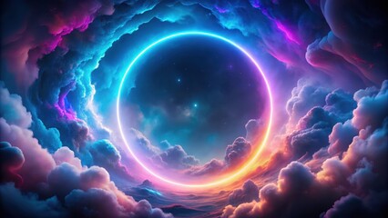 A colorful neon ring glows brightly inside a stormy cloud on a dark sky background with vibrant blue and purple hues , colorful lights, atmospheric effect