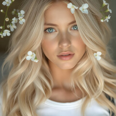 Naklejka premium Una radiante rubia de ojos hipnóticos y suaves flores blancas.