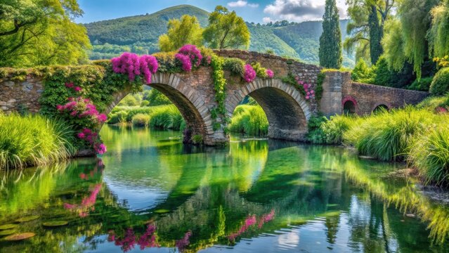 Overgrown with vines and flowers, a historic stone bridge spans a serene lake in the Gardens of Ninfa Latina Italy , bridge
