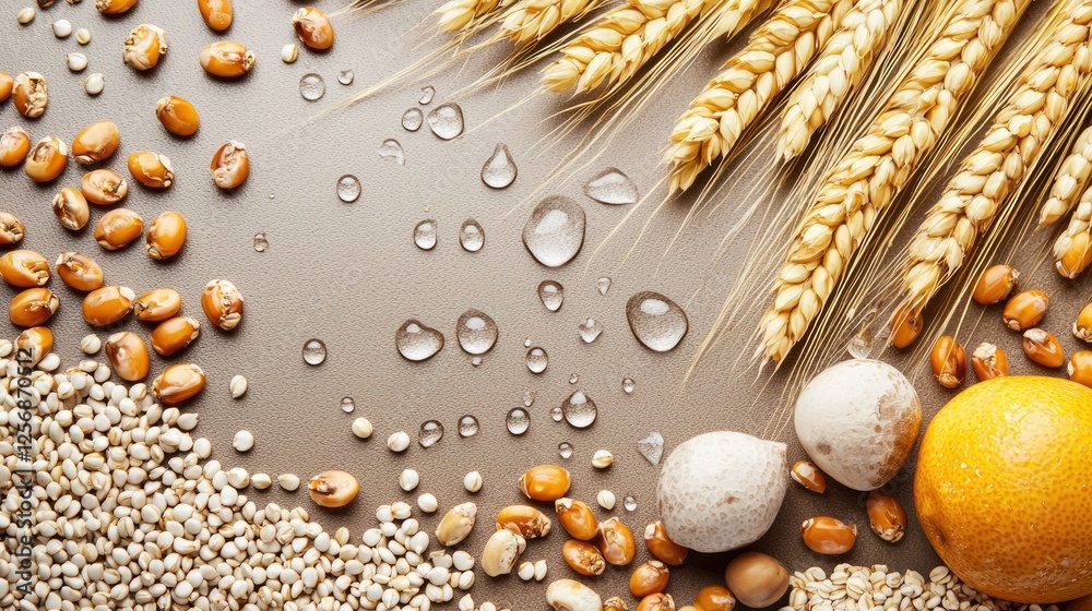 Poster Grains, legumes, and citrus fruits arranged on a surface, showcasing healthy food ingredients for a cookbook or agriculture publication