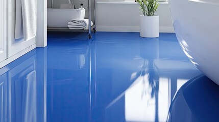 A bathroom floor with glossy acrylic-painted tiles in a modern color.