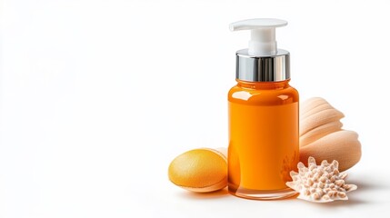 Orange Cosmetic Pump Bottle on White Background with Shells and Sponge. Generative AI