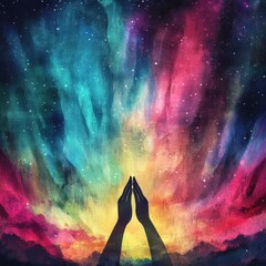 Hands in prayer against a colorful cosmic galaxy background