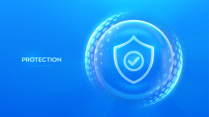 Protection. Healthcare. Insurance. Cyber security. Network safety. Protection shield with Check mark icon inside transparent sphere shield with hexagon pattern on blue background. Vector illustration.