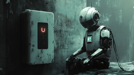 A service robot sitting on a charging station, completely drained, a flickering battery icon on its chest, dark but hopeful atmosphere, sci-fi storytelling.