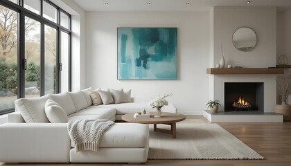 Modern Minimalist Living Room Design with Large Windows, White Sectional Sofa, and Fireplace