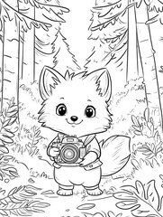A kids cartoon style line art coloring book page of a happy baby fox dressed as a photographer with a camera around its neck snapping pictures in a scenic fore