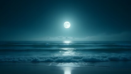 A calming, low-angle shot of moonlight reflecting on the ocean, casting a serene glow.
