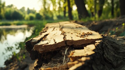 Fototapeta premium A broken wooden plank revealing fragile layers caused by termite infestation.