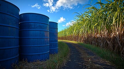 Obraz premium Sugarcane field road, blue barrels, sunny day, agricultural landscape, harvest