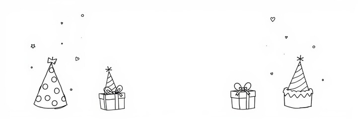 Set of birthday party doodle sketches including decorations, gift box, cake, party hats hand drawn in vector illustration on white background, white background, birthday, party hats