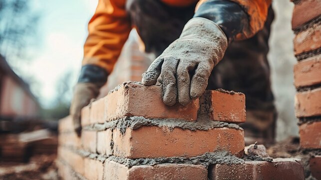 Construction worker laying bricks and building a wall on construction site