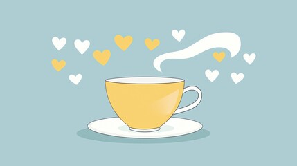 A cheerful yellow cup of tea emitting steam and hearts, set against a soft blue background