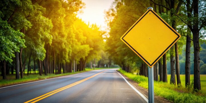 Naklejki Yellow traffic sign on the side of a summer road at an intersection, traffic, trees,  traffic, trees,yellow, highway, outdoor