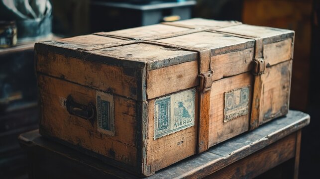 A vintage wooden crate with shipping labels and stamps from different countries, placed on an old table.