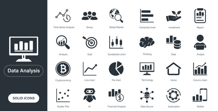Solid vector icons themed around data analysis, big data, financial business, and charts.