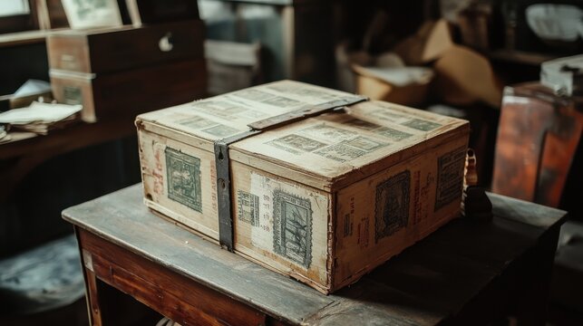 A vintage wooden crate with shipping labels and stamps from different countries, placed on an old table.