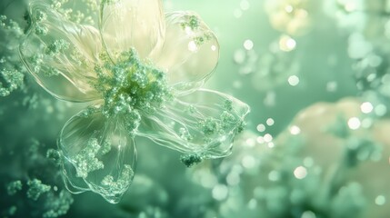 An abstract depiction of futuristic pollination in 2100, with glowing mint green particles floating between crystalline, flower-like structures.