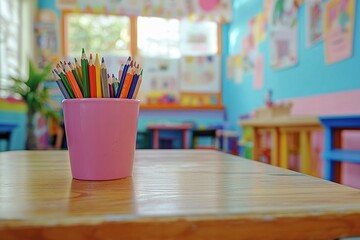 Colorful Pencils in Pink Holder on Wooden Table in Playroom Setting