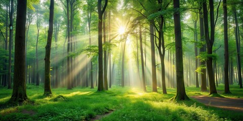 Serene forest clearing with tall trees and soft sunlight filtering through leaves, nature, foliage,  nature, foliage