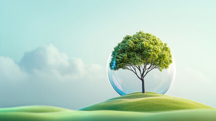Protected by Nature: A solitary tree stands tall, encircled by a shimmering bubble, symbolizing the fragile beauty of our planet and the need for environmental protection.