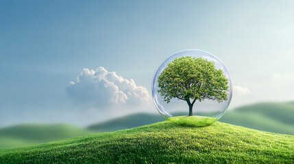 Protected Nature: A vibrant, green tree nestled within a transparent sphere sits atop a gentle hill, symbolizing environmental protection and the fragility of our ecosystem.