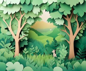 Fototapeta premium Papercraft Forest Scene: A whimsical and charming papercraft scene of a lush forest, crafted with meticulous detail, showcasing intricate paper cut-outs of trees, foliage, and a deer.