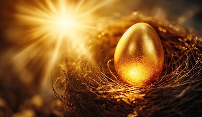 Fototapeta premium Golden Egg in Nest: Discovering Hidden Treasure, Symbol of Prosperity and Hope, Shining Brightly in Sunlight