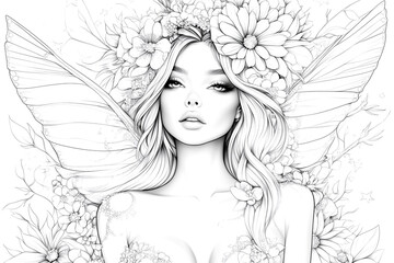 Fototapeta premium A woman with long blonde hair and a flower crown on her head. She is wearing a white dress and has a butterfly on her shoulder