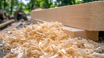 A close-up of wood shavings piling up around a freshly cut plank.