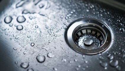 Close-up view of a glistening stainless steel kitchen sink drain with water droplets, highlighting the intricate design and reflective surface.