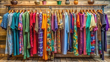 Colorful, eclectic mix of clothing items arranged artfully on wooden fashion display rack, showcasing vibrant patterns and textures , arrangement, trendy clothes