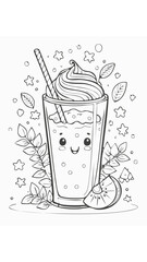 Cute Smoothie Drink Beverage Liquid Coloring Kid Book Page in Black and White. Monochrome and Colored Samples

