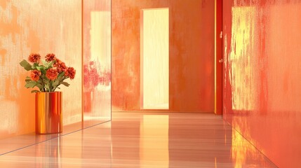 Fototapeta premium A contemporary hallway with Peach Fuzz walls decorated with metallic wall art.