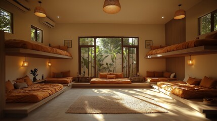 Sunlit dorm room with bunk beds, tropical garden view, serene atmosphere, ideal for travel blogs